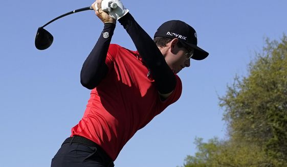 Dylan Frittelli, of South Africa, hits from the No. 3 tee during a third round match at the Dell Technologies Match Play Championship golf tournament Friday, March 26, 2021, in Austin, Texas. (AP Photo/David J. Phillip)