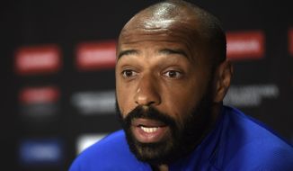 FILE - In this Tuesday, Feb. 18, 2020 file photo, Montreal Impact head coach Thierry Henry speaks during a press conference, in San Jose, Costa Rica. Henry announced Friday, March 26, 2021 he is quitting social media to protest online racial abuse and bullying that he says goes unregulated. The former France great says that social media companies haven’t done enough to stop the abusive behavior, which regularly targets Black athletes. (AP Photo/Carlos Gonzalez, file)
