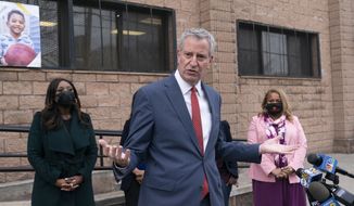 Mayor Bill de Blasio gives a news conference outside Phyl&#x27;s Academy, Wednesday, March 24, 2021, in the Brooklyn borough of New York. (AP Photo/Mark Lennihan)