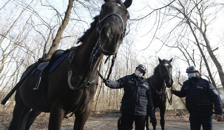 Mounted police patrol in a park in Warsaw, Poland, on Friday, March 5, 2021. When they age, the dogs and horses that serve in Poland's police, Border Guard and other services cannot always count on a rewarding existence. Responding to calls from concerned servicemen, the Interior Ministry has proposed a bill that would give the animals an official status and retirement pension, hoping this gesture of “ethical obligation” will win unanimous backing. (AP Photo/Czarek Sokolowski)
