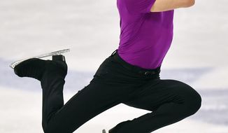 Jason Brown of the USA performs during the Men Free Skating Program at the Figure Skating World Championships in Stockholm, Sweden, Saturday, March 27, 2021. (AP Photo/Martin Meissner)