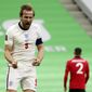 England&#39;s Harry Kane celebrates his side&#39;s first goal during the World Cup 2022 group I qualifying soccer match between Albania and England at Air Albania stadium in Tirana, Sunday, March 28, 2021. England won 2-0. (AP Photo/Hektor Pustina)