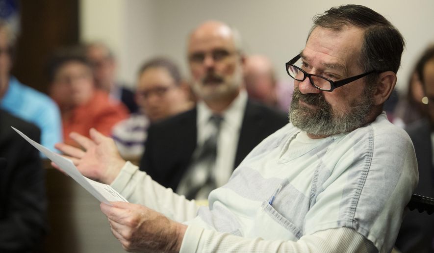 FILE - In this Nov. 15, 2015, file photo, Frazier Glenn Miller Jr. appears in Johnson County District Court in Olathe, Kan. Miller, an avowed anti-Semite who shot three people to death at two suburban Kansas City Jewish sites in 2014 is asking the Kansas Supreme Court to overturn his death sentence, saying he should not have been allowed to represent himself at trial. The appeal from Miller is scheduled to go before the state Supreme Court on Monday, March 29, 2021. He was convicted of one count of capital murder, three counts of attempted murder, and assault and weapons charges in August 2015. (Joe Ledford/The Kansas City Star via AP, Pool, File)