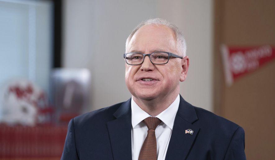 Minnesota Gov. Tim Walz delivers his third State of the State address Sunday, March 28, 2021 from his old classroom at Mankato West High School in Mankato, Minn. (Glen Stubbe/Star Tribune via AP, Pool)