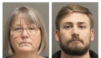 This booking photo released by the Metro Nashville, Tenn., Police Department, shows Lisa Marie Eisenhart, left, and Eric Gavelek Munchel. A federal judge on Monday, March 29, 2021, authorized the release of the Georgia woman and her Tennessee son on charges of involvement in the Jan. 6 riot at the U.S. Capitol. Eisenhart is accused of breaking into the Capitol with her son, Munchel, who was photographed carrying flexible plastic handcuffs in the Senate chamber. (Metro Nashville Police Department via AP) ** FILE **