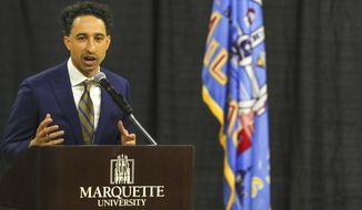 Shaka Smart speaks at Marquette, Monday, March 29, 2021, at the Al McGuire Center in Milwaukee. Smart is the new NCAA college head men&#39;s basketball coach at Marquette. (Ebony Cox/Milwaukee Journal-Sentinel via AP)
