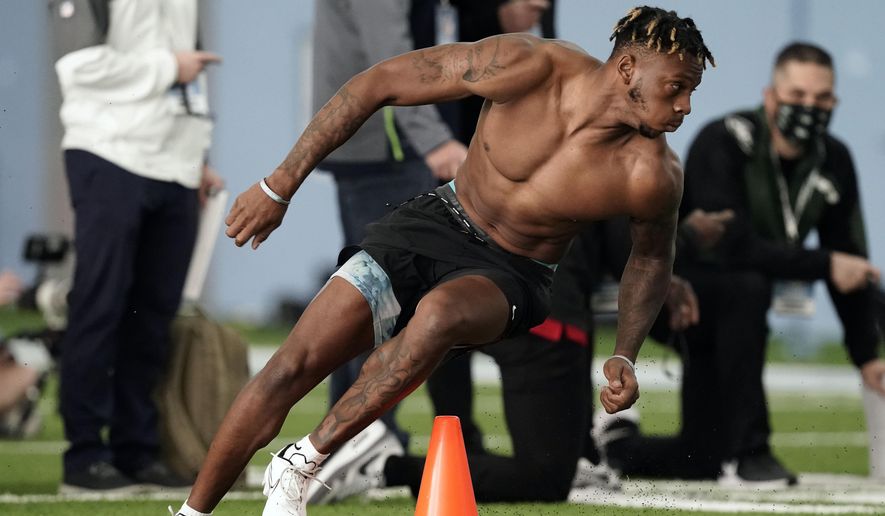 North Carolina wide receiver Dyami Brown participates in the school&#39;s Pro Day football workout for NFL scouts in Chapel Hill, N.C., Monday, March 29, 2021. (AP Photo/Gerry Broome) **FILE**
