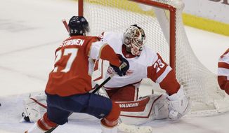 Detroit Red Wings goaltender Thomas Greiss (29) guards the goal against Florida Panthers center Eetu Luostarinen (27) during the second period of an NHL hockey game on Tuesday, March 30, 2021, in Sunrise, Fla. (AP Photo/Terry Renna)