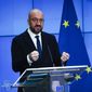 European Council President Charles Michel speaks during an online joint press conference with Director General of the World Health Organization Tedros Adhanom Ghebreyesus at the European Council headquarters in Brussels, Tuesday, March 30, 2021. (AP Photo/Francisco Seco, Pool)