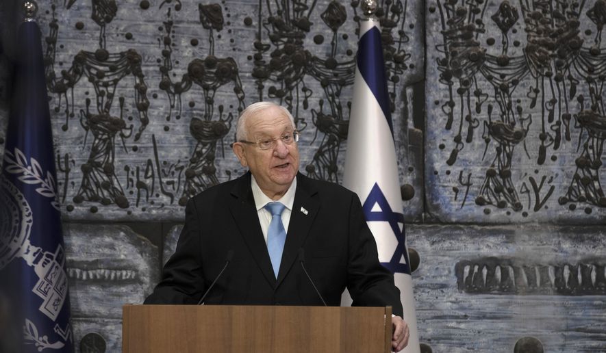 In this file photo, Israeli President Reuvin Rivlin makes remarks after receiving official election results from Chairman of Israel&#x27;s Central Elections Committee Judge Uzi Fogelman in Jerusalem, Wednesday, March 31, 2021. Mr. Rivlin will visit President Biden at the White House on June 28, 2021.  (AP Photo/Maya Alleruzzo)  **FILE**