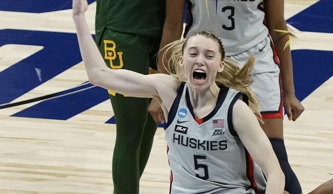 UConn&#x27;s Paige Bueckers celebrates after an NCAA college basketball game against Baylor in the Elite Eight round of the Women&#x27;s NCAA tournament Monday, March 29, 2021, at the Alamodome in San Antonio. UConn won 69-67 to advance to the Final Four. (AP Photo/Morry Gash)