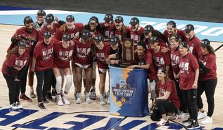 Stanford celebrates after an NCAA college basketball game against Louisville in the Elite Eight round of the Women&#39;s NCAA tournament Tuesday, March 30, 2021, at the Alamodome in San Antonio. Stanford won 78-63 to advance to the Final Four. (AP Photo/Morry Gash)
