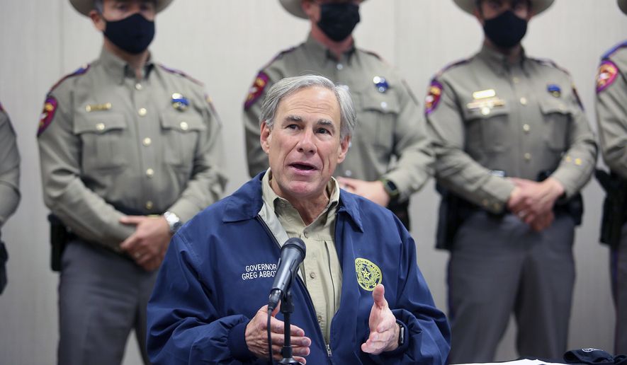 Texas Governor Greg Abbott talks about Operation Lone Star during a press conference Texas Department of Public Safety Weslaco Regional Office on Thursday, April 1, 2021, in Weslaco, Texas. (Joel Martinez/The Monitor via AP)