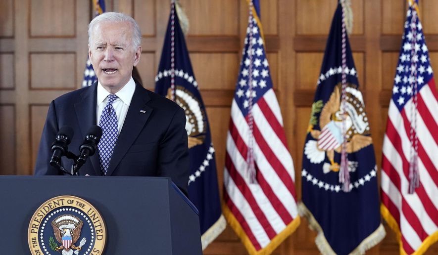 President Joe Biden speaks after meeting with leaders from Georgia&#39;s Asian-American and Pacific Islander community, at Emory University in Atlanta, in this Friday, March 19, 2021, file photo. Georgia’s new voting law _ which critics claim severely limits access to the ballot box, especially for people of color _ has prompted calls from as high as the White House to consider moving the midsummer classic out of Atlanta. The game is set for July 13 at Truist Park, the Braves’ 41,000-seat stadium in suburban Cobb County. (AP Photo/Patrick Semansky) **FILE**