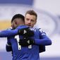 Leicester&#x27;s Kelechi Iheanacho celebrates with Jamie Vardy, right, after scoring the opening goal during the English Premier League soccer match between Leicester City and Sheffield United at the King Power Stadium in Leicester, England, Sunday, March 14, 2021. (Alex Pantling/Pool via AP)