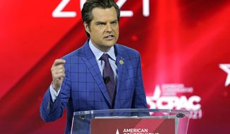 FILE - In this Feb. 26, 2021, file photo Rep. Matt Gaetz, R-Fla.,, speaks at the Conservative Political Action Conference (CPAC) in Orlando, Fla. (AP Photo/John Raoux, File)