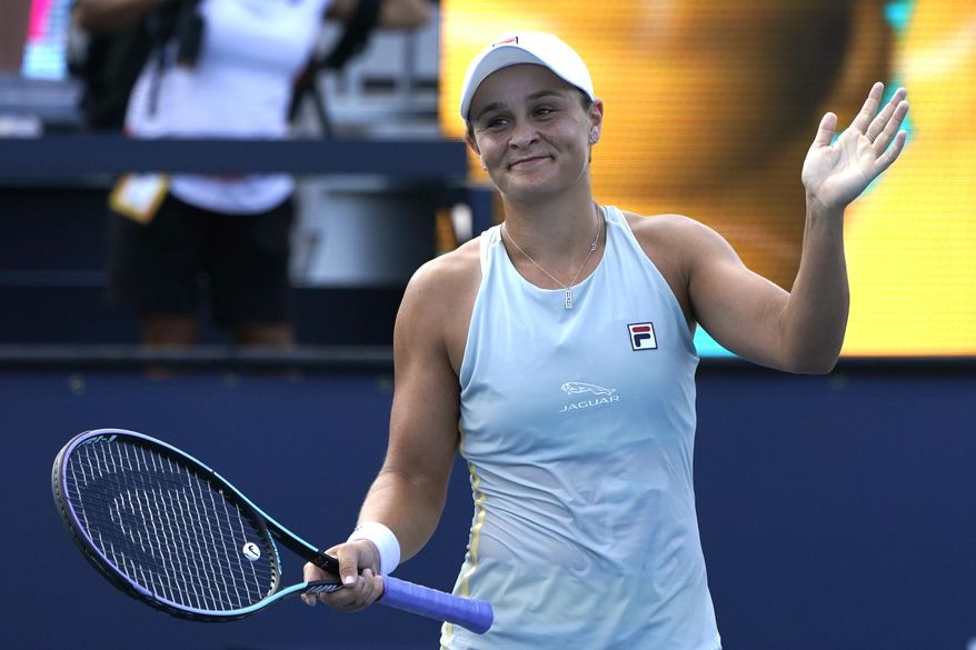 Ashleigh Barty, of Australia waves after defeating Elina Svitolina, of Ukraine, during the semifinals of the Miami Open tennis tournament Thursday, April 1, 2021, in Miami Gardens, Fla. Barty won 6-3, 6-3. (AP Photo/Lynne Sladky)