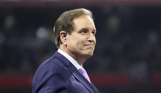 FILE - Announcer Jim Nantz is seen after NFL Super Bowl 53, Sunday, Feb. 3, 2019 in Atlanta. Jim Nantz&#x27;s familiar introduction of “Hello friends” will continue to be heard on CBS for many years to come. Nantz and CBS Sports reached agreement on a new deal Thursday, March 25, 2021. The deal was first reported by the “Sports Business Journal”(AP Photo/Gregory Payan, file)
