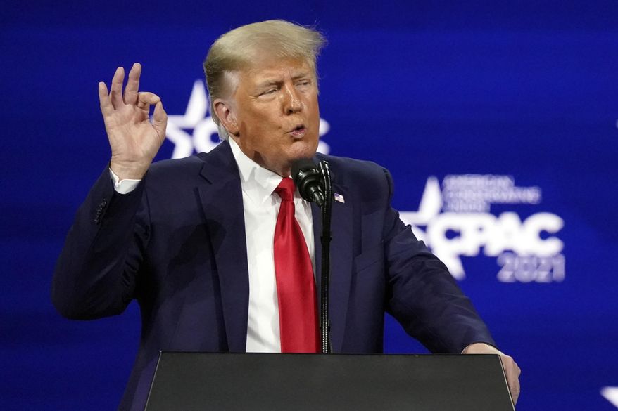 In this Sunday, Feb. 28, 2021, file photo President Donald Trump speaks at the Conservative Political Action Conference (CPAC) in Orlando, Fla. (AP Photo/John Raoux, File)
