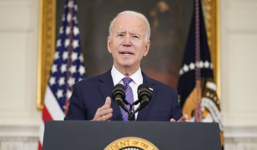 President Joe Biden speaks about the March jobs report in the State Dining Room of the White House, Friday, April 2, 2021, in Washington. (AP Photo/Andrew Harnik)