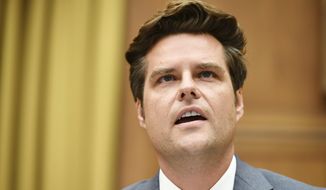 FILE - In this July 29, 2020 file photo Rep. Matt Gaetz, R-Fla., speaks during a House Judiciary subcommittee hearing on antitrust on Capitol Hill in Washington.  Federal prosecutors are examining whether Gaetz and a political ally who is facing sex trafficking allegations may have paid underage girls or offered them gifts in exchange for sex, two people familiar with the matter told The Associated Press on Friday, April 2, 2021. (Mandel Ngan/Pool via AP, File)
