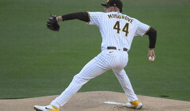San Diego Padres starting pitcher Joe Musgrove delivers during the first inning of the team&#x27;s baseball game against the Arizona Diamondbacks on Saturday, April 3, 2021, in San Diego. (AP Photo/Denis Poroy)