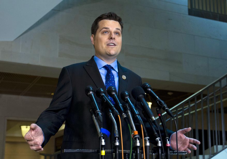 In this Feb. 2, 2018, file photo Rep. Matt Gaetz, R-Fla., speaks during a news conference outside of the House Intelligence Committee on Capitol Hill in Washington. (AP Photo/Jose Luis Magana, File)