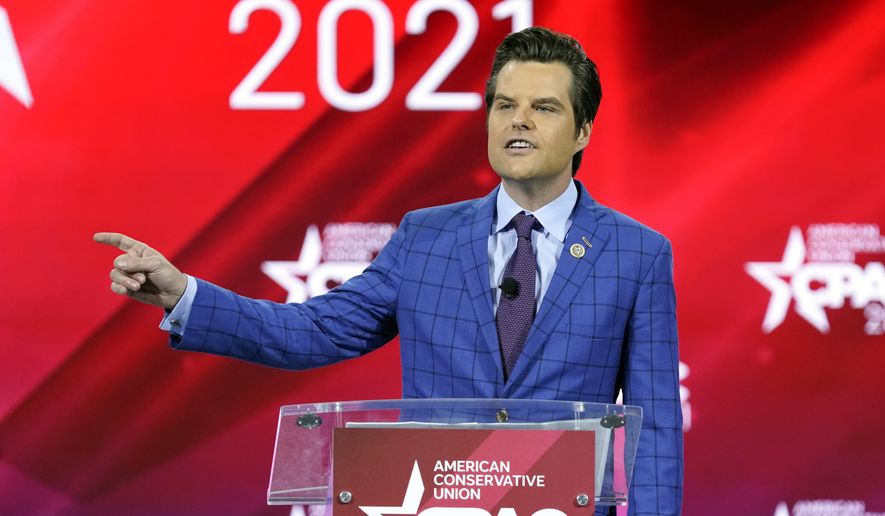 In this Feb. 26, 2021, file photo, Rep. Matt Gaetz, R-Fla., speaks at the Conservative Political Action Conference (CPAC) in Orlando, Fla. (AP Photo/John Raoux) ** FILE **