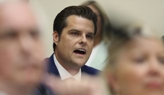 FILE - In this July 24, 2019, file photo Rep. Matt Gaetz, R-Fla., asks questions to former special counsel Robert Mueller, as he testifies before the House Judiciary Committee hearing on his report on Russian election interference, on Capitol Hill, in Washington. (AP Photo/Andrew Harnik, File)