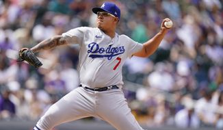 Los Angeles Dodgers starting pitcher Julio Urias works against the Colorado Rockies in the third inning of a baseball game Sunday, April 4, 2021, in Denver. (AP Photo/David Zalubowski)
