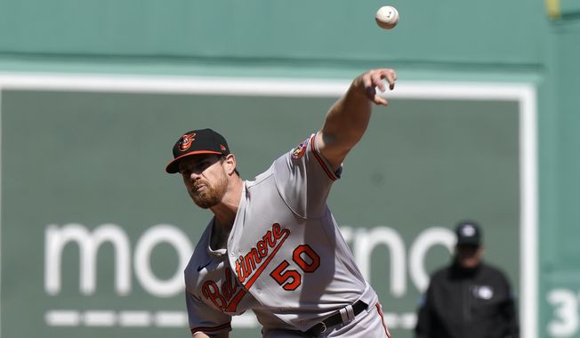 Baltimore Orioles&#x27; Bruce Zimmermann delivers a pitch against the Boston Red Sox during the first inning of a baseball game, Sunday, April 4, 2021, in Boston. (AP Photo/Steven Senne)