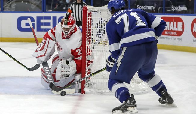 Detroit Red Wings goaltender Thomas Greiss, of Germany, makes a save against Tampa Bay Lightning&#x27;s Anthony Cirelli during the second period of an NHL hockey game Sunday, April 4, 2021, in Tampa, Fla. (AP Photo/Mike Carlson)