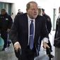 FILE — In this Feb. 21, 2020 file photo, Harvey Weinstein arrives at a Manhattan court as jury deliberations continue in his rape trial, in New York. More than a year after Weinstein&#39;s rape conviction, his lawyers are demanding a new trial, arguing in court papers Monday, April 5, 2021, that the landmark #MeToo prosecution that put him behind bars was buoyed by improper rulings from a judge who was &amp;quot;cavalier&amp;quot; in protecting the disgraced movie mogul&#39;s right to a fair trial. (AP Photo/Richard Drew, File)