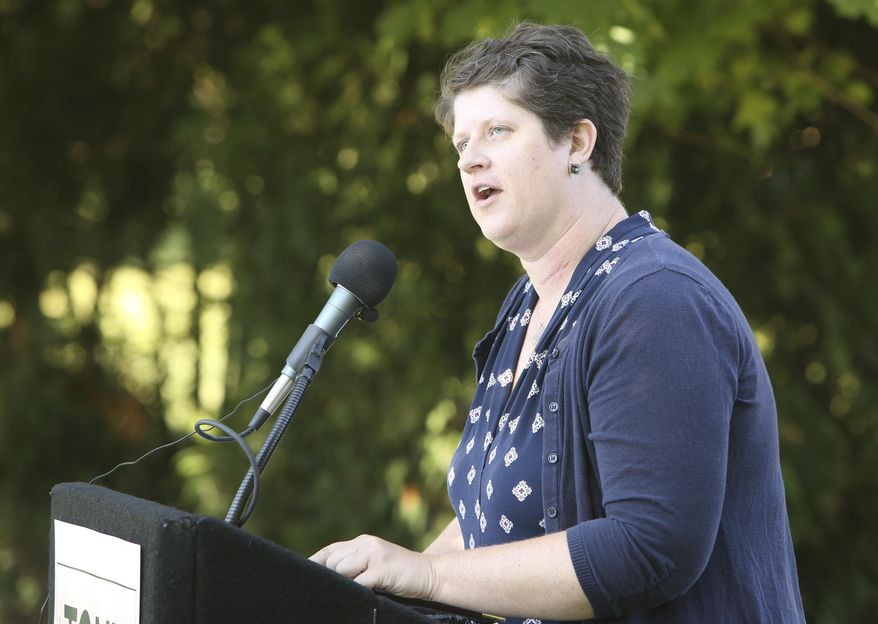 FILE - In this Aug. 23, 2017 file photo Jill Underly, superintendent for Pecatonica Area School District, speaks at McKee Farms Park, in Fitchburg, Wis. Underly, a rural superintendent backed by Democrats faces a retired suburban Milwaukee superintendent largely supported by Republicans in an election to select Wisconsin&#39;s top education official. Underly also has the backing of the state teachers union. She faces former Brown Deer Superintendent Deb Kerr, a supporter of the private school voucher program, in the race. (Michelle Stocker/Wisconsin State Journal via AP File)