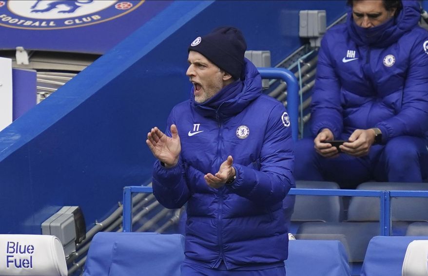 Chelsea manager Thomas Tuchel gives instructions during the English Premier League soccer match between Chelsea and West Bromwich Albion at Stamford Bridge stadium in London, England, Saturday, April 3, 2021.(John Walton/Pool via AP)