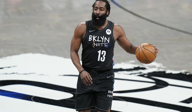 Brooklyn Nets&#x27; James Harden looks to pass during the first half of an NBA basketball game against the New York Knicks Monday, April 5, 2021, in New York. (AP Photo/Frank Franklin II)