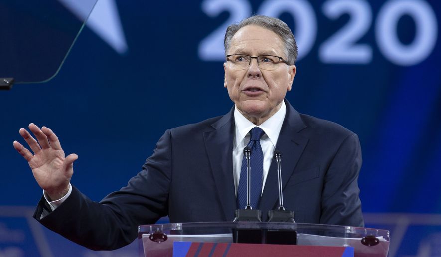 FILE - In this Saturday, Feb. 29, 2020, file photo, National Rifle Association Executive Vice President and CEO Wayne LaPierre speaks at the Conservative Political Action Conference, CPAC 2020, at the National Harbor, in Oxon Hill, Md. After school shootings that left dozens dead in recent years, LaPierre said the resulting outrage put him in such danger that he sought shelter aboard a friend’s 108-foot yacht. (AP Photo/Jose Luis Magana, File)