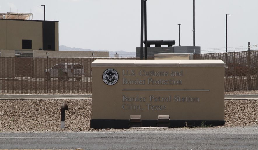FILE - In this Wednesday, June 26, 2019, file photo is the entrance to the Border Patrol station in Clint, Texas. Texas and Louisiana sued the federal government Tuesday, April 6, 2021, alleging immigration authorities have declined to take custody of people who have been convicted of crimes and could be subject to deportation. (AP Photo/Cedar Attanasio, File)