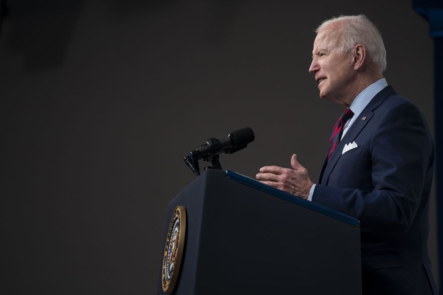 President Joe Biden speaks during an event on the American Jobs Plan in the South Court Auditorium on the White House campus, Wednesday, April 7, 2021, in Washington. (AP Photo/Evan Vucci)