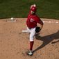 Washington Nationals starting pitcher Stephen Strasburg throws during the third inning of the second baseball game of a doubleheader at Nationals Park, Wednesday, April 7, 2021, in Washington. (AP Photo/Alex Brandon)