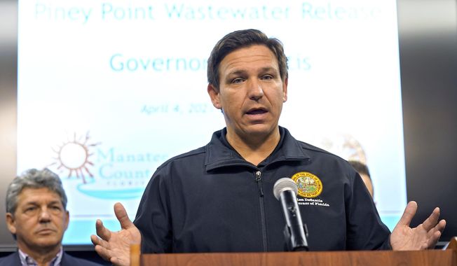 Florida Gov. Ron DeSantis gestures during a news conference Sunday, April 4, 2021, at the Manatee County Emergency Management office in Palmetto, Fla. DeSantis has received a single-dose coronavirus vaccine. His office confirmed Wednesday, April 7, 2021 that the Republican governor got the Johnson &amp;amp; Johnson vaccine, which requires only a single dose. (AP Photo/Chris O&#x27;Meara, file)