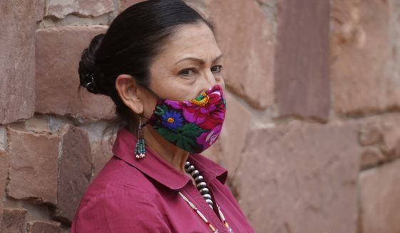 U.S. Interior Secretary Deb Haaland looks on during a news conference following a visit to Bears Ears National Monument Thursday, April 8, 2021, in Blanding, Utah. (AP Photo/Rick Bowmer)