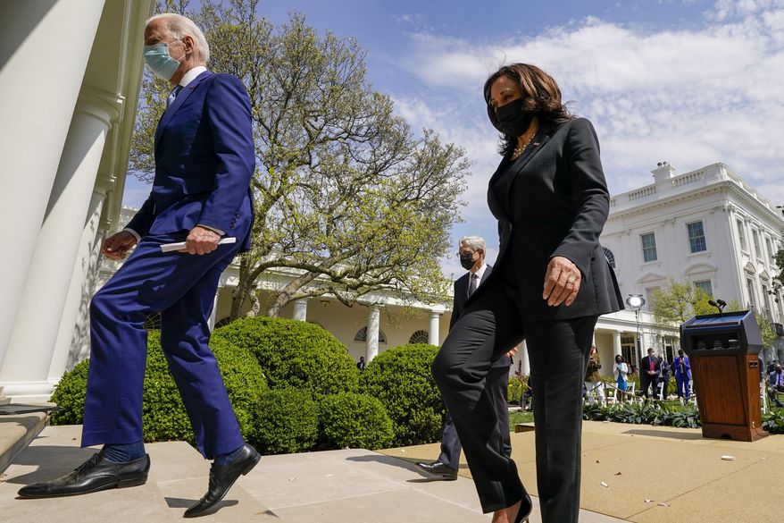 President Joe Biden, accompanied by Vice President Kamala Harris, right, and Attorney General Merrick Garland, second from right, departs after speaking about gun violence prevention in the Rose Garden at the White House, Thursday, April 8, 2021, in Washington. (AP Photo/Andrew Harnik)