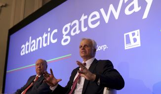 FILE - In this June 24, 2015 file photo, American-Brazilian businessman David Neeleman, right, talks to journalists during a join news conference with his partner Portuguese businessman Humberto Pedrosa, in Lisbon.   Two new U.S. airlines are planning on starting service this spring, tapping into the travel recovery that is picking up speed.  Breeze Airways is the latest creation of  Neeleman, who founded JetBlue Airways more than 20 years ago.  (AP Photo/Francisco Seco, File)
