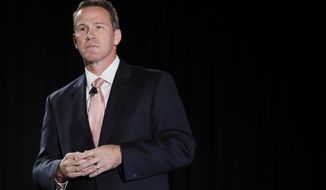 FILE - In this Oct. 16, 2018, file photo, Jon Husted, then a candidate for Ohio Lt. Governor, speaks at the Columbus Chamber of Commerce Government Day, in Cincinnati, Ohio. Now the current Ohio lieutenant governor, Husted entered the coronavirus pandemic as one of Ohio&#39;s rising Republican stars. Following an uninterrupted two-decade climb from state representative, to House speaker, to state senator, to secretary of state, to lieutenant governor, his next stop was supposed to be the Governor&#39;s Residence. But his party&#39;s hard turn to the right has required deft recalculation. (AP Photo/John Minchillo, File)