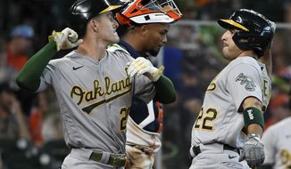 Oakland Athletics&#39; Ramon Laureano, right, celebrates his two-run home run with Mark Canha during the fifth inning of a baseball game against the Houston Astros, Saturday, April 10, 2021, in Houston. (AP Photo/Eric Christian Smith)