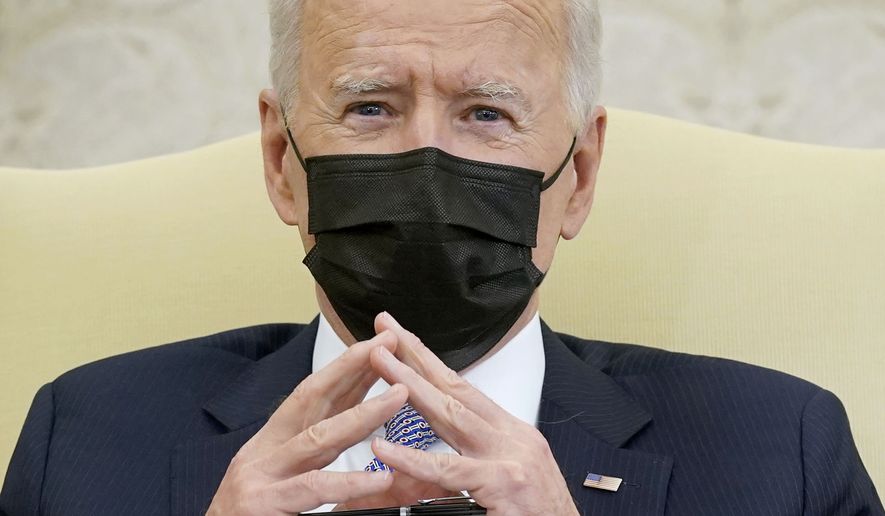 President Joe Biden speaks during a meeting with lawmakers to discuss the American Jobs Plan in the Oval Office of the White House, Monday, April 12, 2021, in Washington. (AP Photo/Patrick Semansky)