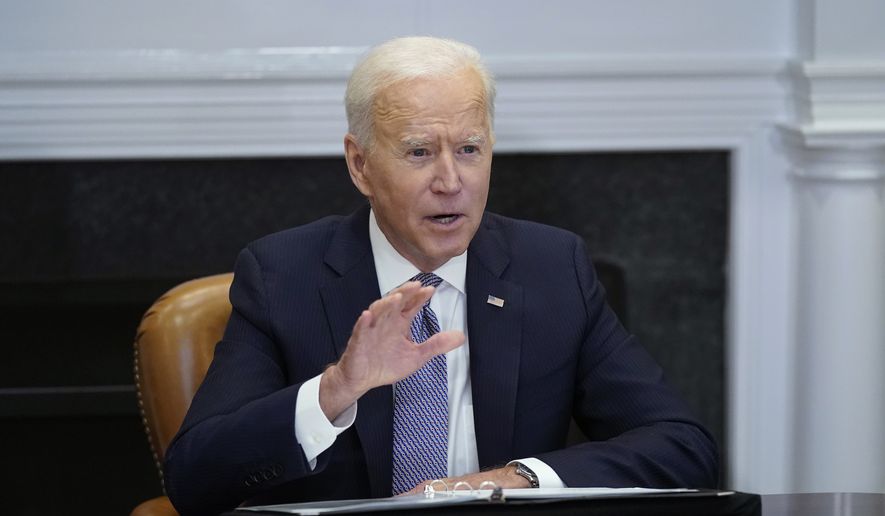 President Joe Biden participates virtually in the CEO Summit on Semiconductor and Supply Chain Resilience in the Roosevelt Room of the White House, Monday, April 12, 2021, in Washington. (AP Photo/Patrick Semansky)