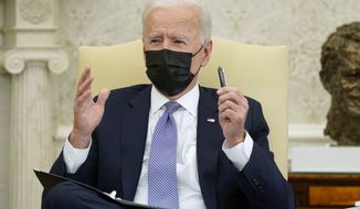 President Joe Biden speaks during a meeting with lawmakers to discuss the American Jobs Plan in the Oval Office of the White House, Monday, April 12, 2021, in Washington. (AP Photo/Patrick Semansky)