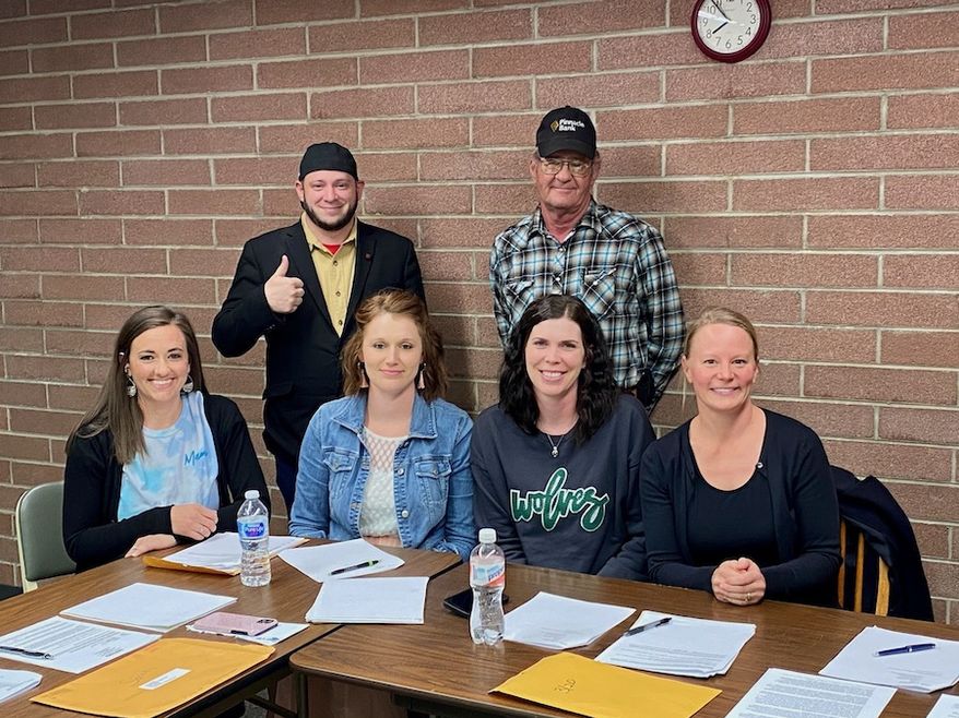 Village of Hayes Center Board of Trustees at meeting April 6, 2021. (Front row, left to right): Sarah Rosno, Nikki Hamilton, Alicia Richards, Kim Primavera; (back row, left to right): Right to Life East Texas director Mark Lee Dickson and trustee Tracy Neverve. (Photo by Cindy McKillup courtesy Mark Lee Dickson)